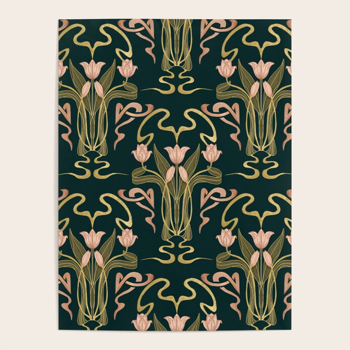 Deco Tulip Bloom - Art Deco Floral Nouveau Deep Forest Poster Gallery Image 1