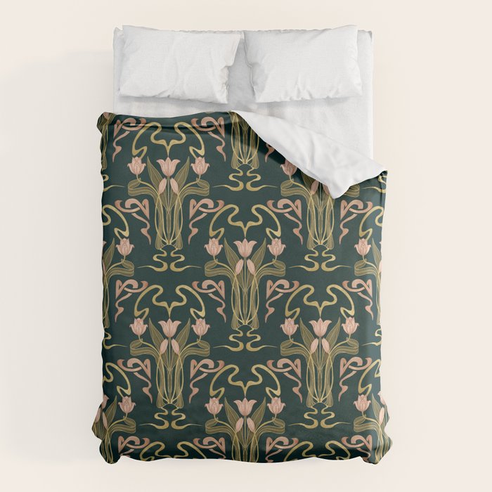 Deco Tulip Bloom - Art Deco Floral Nouveau Deep Forest Duvet Cover Gallery Image 6