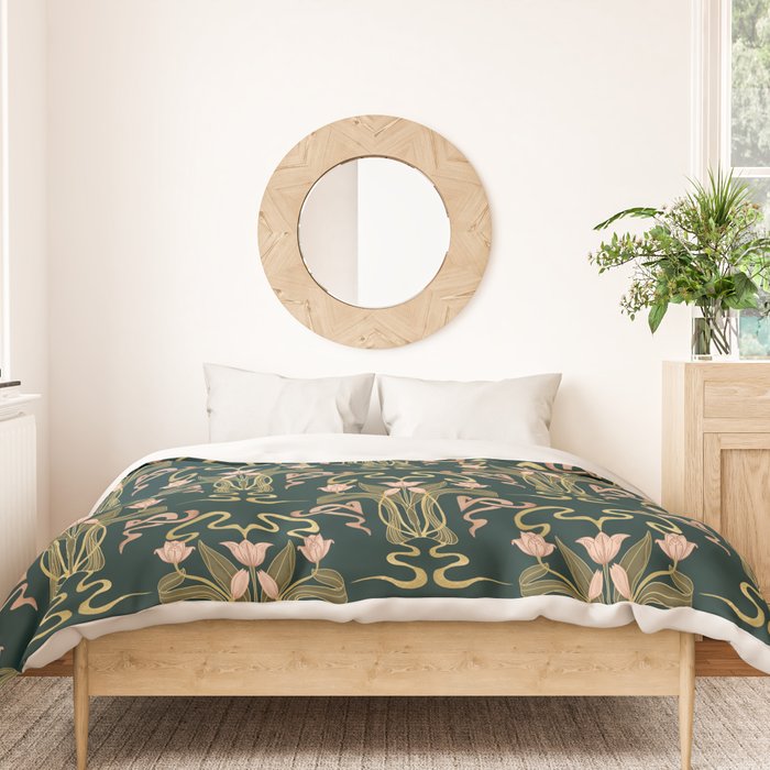 Deco Tulip Bloom - Art Deco Floral Nouveau Deep Forest Duvet Cover Gallery Image 3