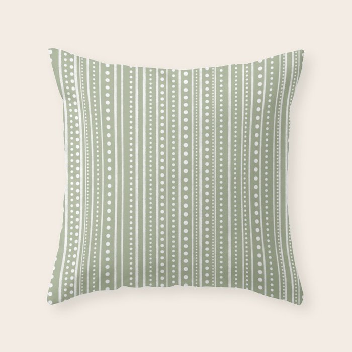 Bamako Textured Stripes and Dots Vertical Pattern in Light Sage Green and White Throw Pillow Gallery Image 1