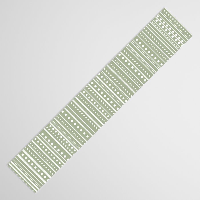 Bamako Textured Stripes and Dots Vertical Pattern in Light Sage Green and White Table Runner Gallery Image 3