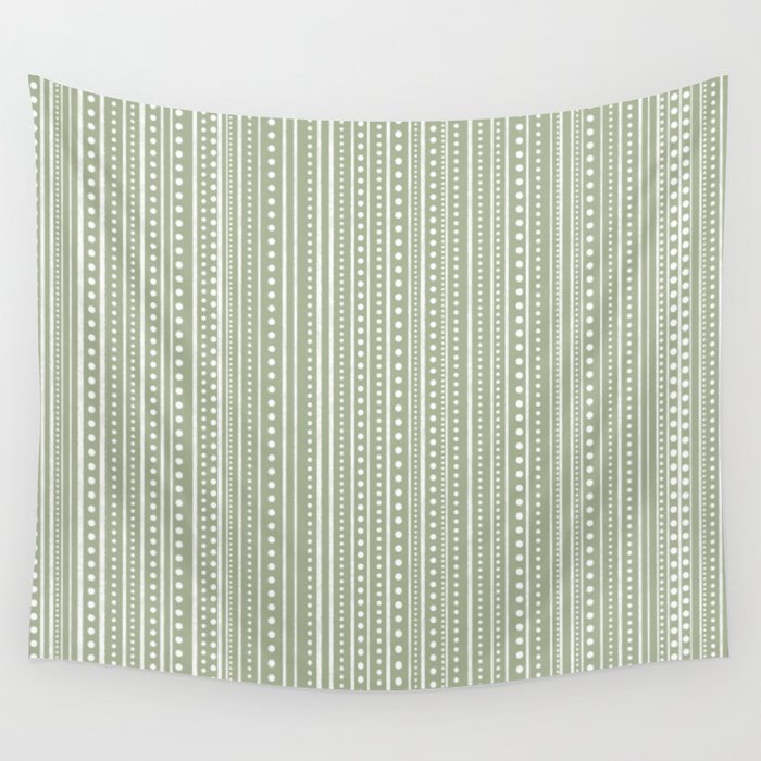 Bamako Textured Stripes and Dots Vertical Pattern in Light Sage Green and White Wall Tapestry Gallery Image 1
