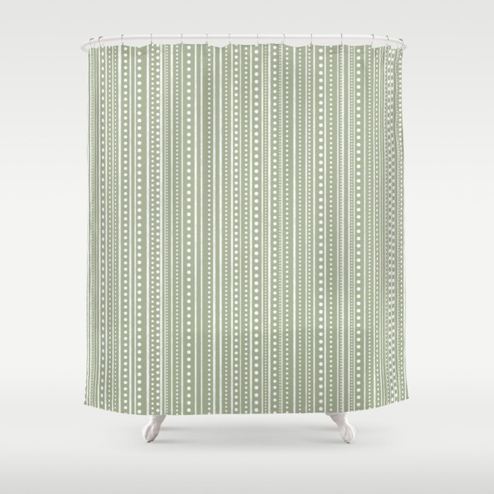 Bamako Textured Stripes and Dots Vertical Pattern in Light Sage Green and White Shower Curtain Gallery Image 1