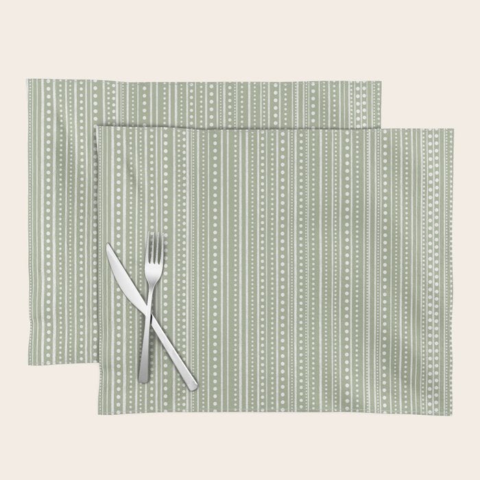 Bamako Textured Stripes and Dots Vertical Pattern in Light Sage Green and White Placemat Gallery Image 1