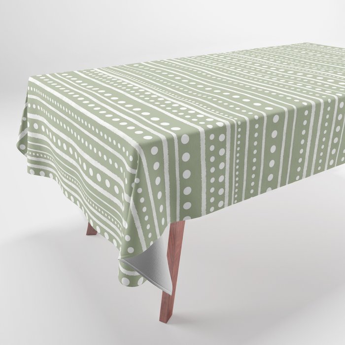 Bamako Textured Stripes and Dots Vertical Pattern in Light Sage Green and White Tablecloth Gallery Image 1