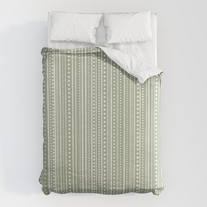 Bamako Textured Stripes and Dots Vertical Pattern in Light Sage Green and White Duvet Cover Gallery Image 6
