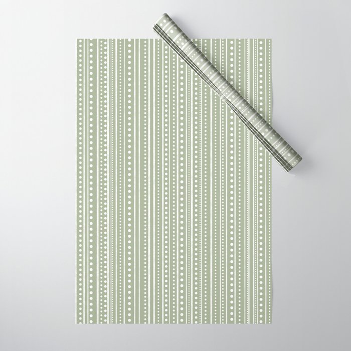 Bamako Textured Stripes and Dots Vertical Pattern in Light Sage Green and White Wrapping Paper Gallery Image 1