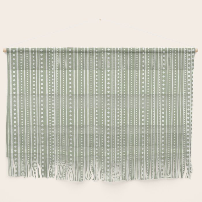 Bamako Textured Stripes and Dots Vertical Pattern in Light Sage Green and White Wall Hanging Gallery Image 1