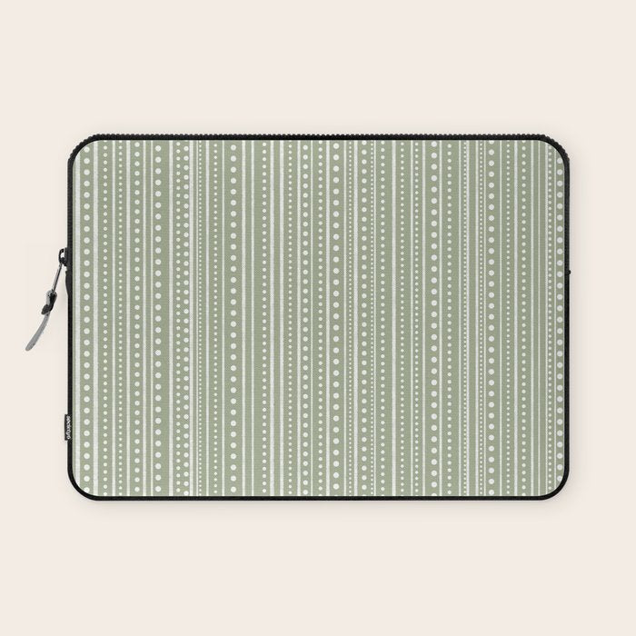 Bamako Textured Stripes and Dots Vertical Pattern in Light Sage Green and White Laptop Sleeve Gallery Image 1