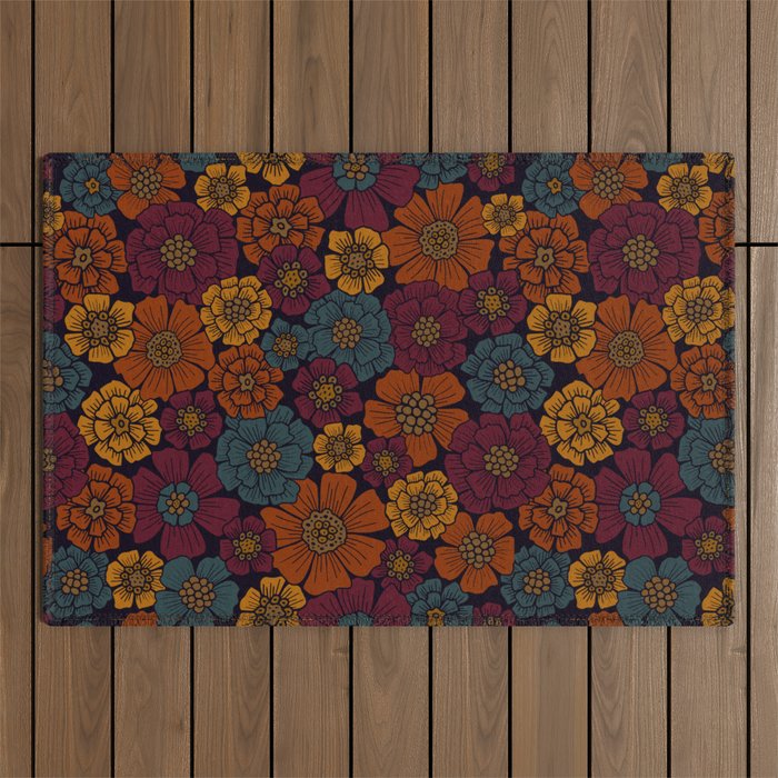 Dark Burgundy, Teal & Mustard Floral Outdoor Rug Gallery Image 1