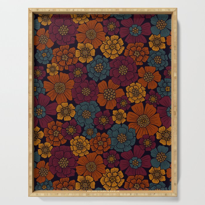 Dark Burgundy, Teal & Mustard Floral Serving Tray Gallery Image 1
