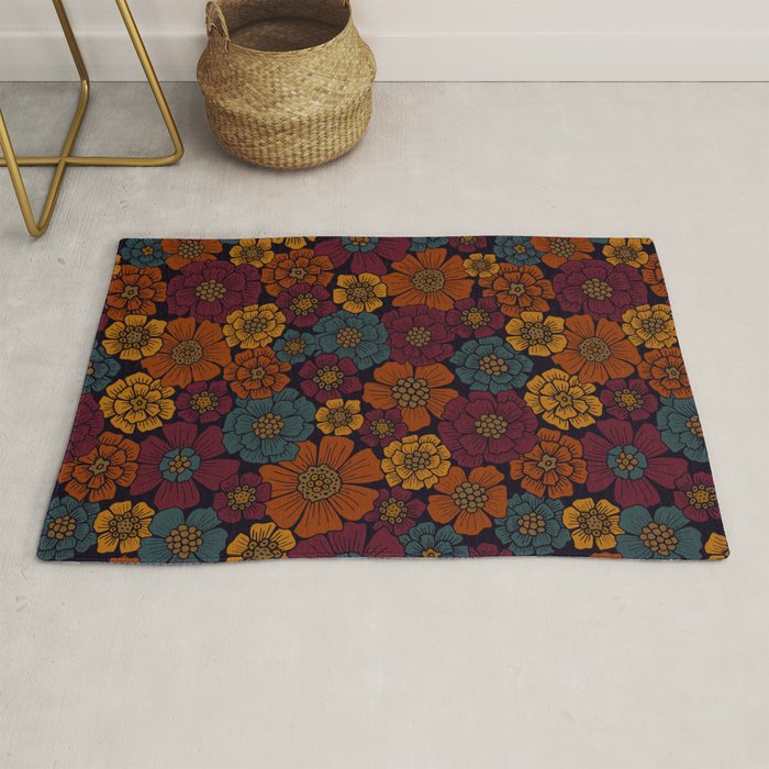 Dark Burgundy, Teal & Mustard Floral Rug Gallery Image 1