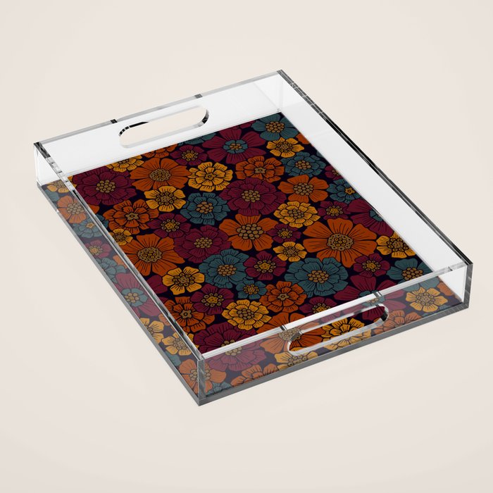Dark Burgundy, Teal & Mustard Floral Acrylic Tray Gallery Image 1