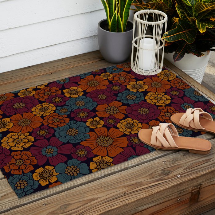 Dark Burgundy, Teal & Mustard Floral Outdoor Rug Gallery Image 2