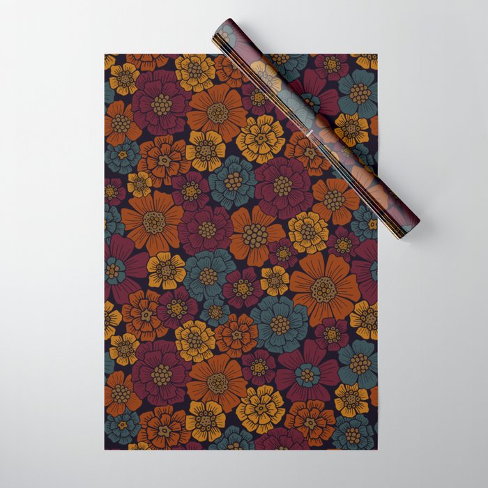 Dark Burgundy, Teal & Mustard Floral Wrapping Paper Gallery Image 1