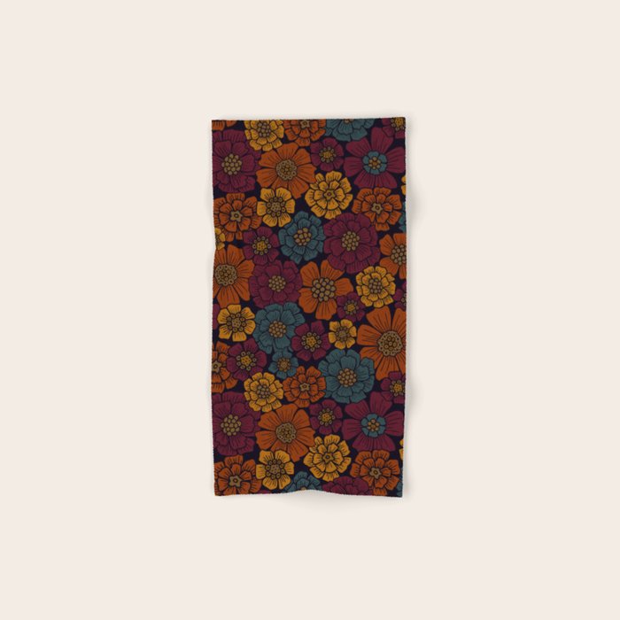 Dark Burgundy, Teal & Mustard Floral Bath Towel Gallery Image 1