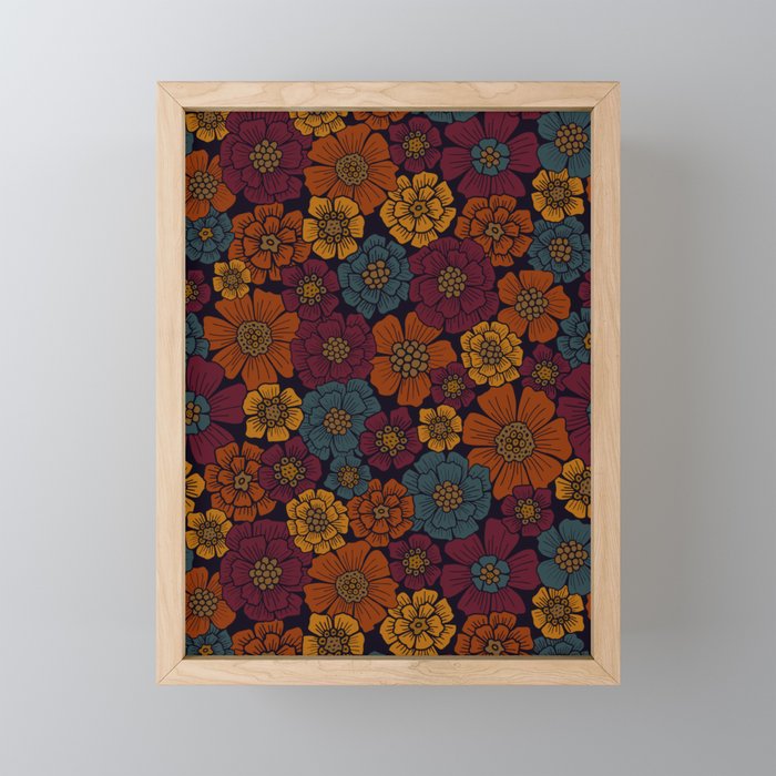 Dark Burgundy, Teal & Mustard Floral Mini Art Print Gallery Image 1
