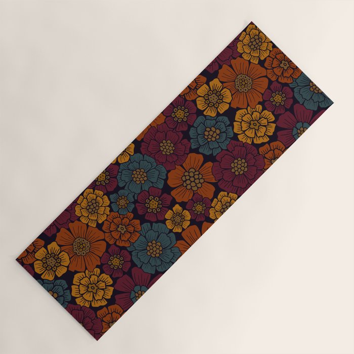Dark Burgundy, Teal & Mustard Floral Yoga Mat Gallery Image 1