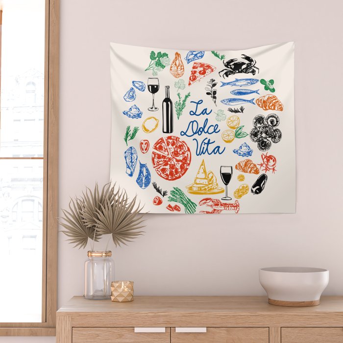 La Dolce Vita Colorful Italian Cuisine Food Doodles Wall Tapestry Gallery Image 2