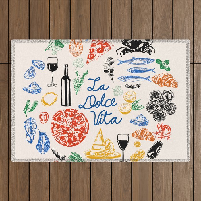 La Dolce Vita Colorful Italian Cuisine Food Doodles Outdoor Rug Gallery Image 1