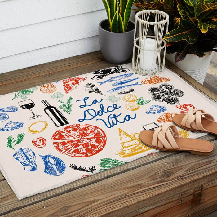 La Dolce Vita Colorful Italian Cuisine Food Doodles Outdoor Rug Gallery Image 2