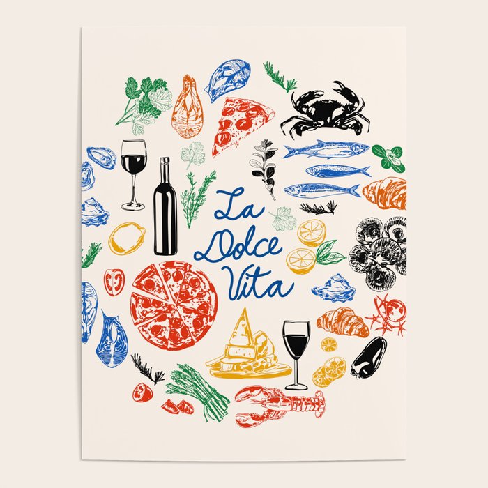 La Dolce Vita Colorful Italian Cuisine Food Doodles Poster Gallery Image 4