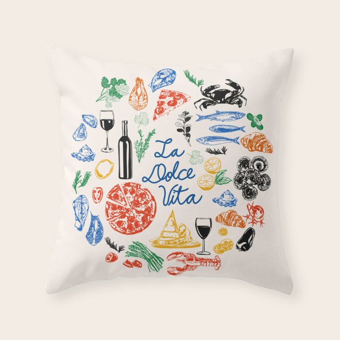 La Dolce Vita Colorful Italian Cuisine Food Doodles Throw Pillow Gallery Image 6