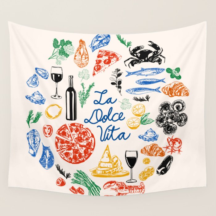 La Dolce Vita Colorful Italian Cuisine Food Doodles Wall Tapestry Gallery Image 4