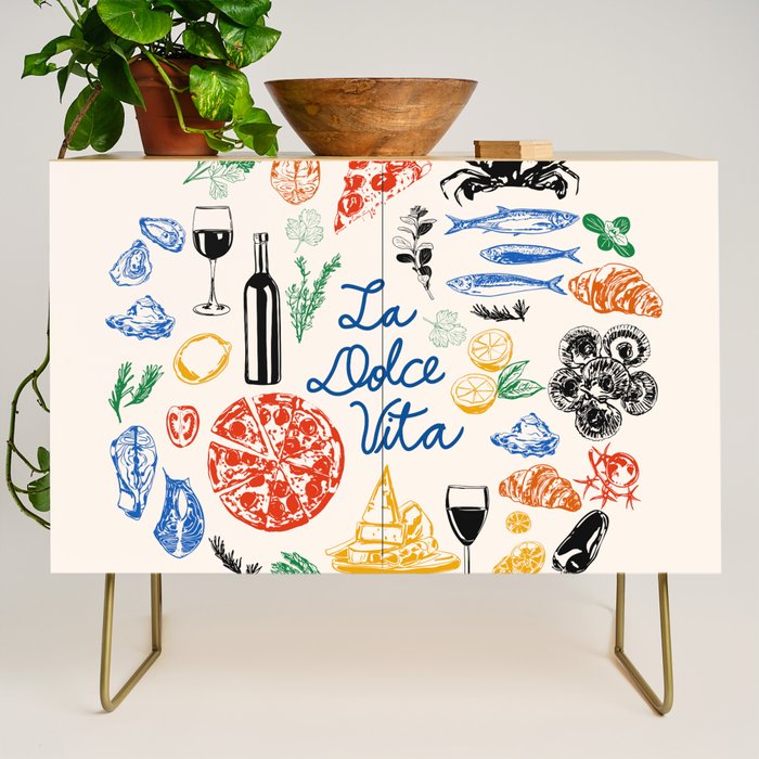 La Dolce Vita Colorful Italian Cuisine Food Doodles Credenza Gallery Image 1