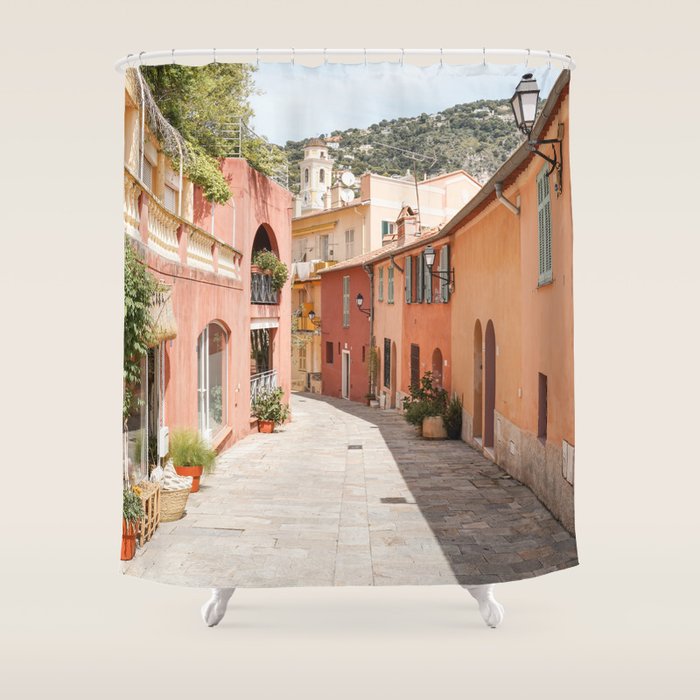 Pastel Color Street In Villefranche Sur Mer, France Photo | Summer Travel Photography Art Print | Colorful Houses In Europe Shower Curtain Gallery Image 1