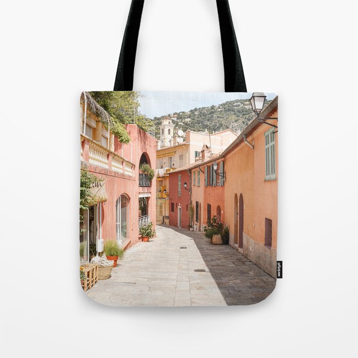 Pastel Color Street In Villefranche Sur Mer, France Photo | Summer Travel Photography Art Print | Colorful Houses In Europe Tote Bag Gallery Image 1