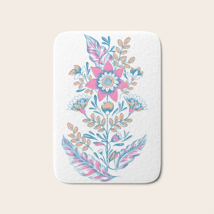 Folk Floral - Cyan, pink and yellow Bath Mat Gallery Image 1