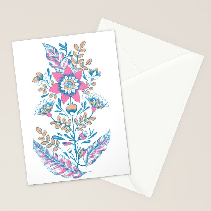 Folk Floral - Cyan, pink and yellow Stationery Card Gallery Image 2