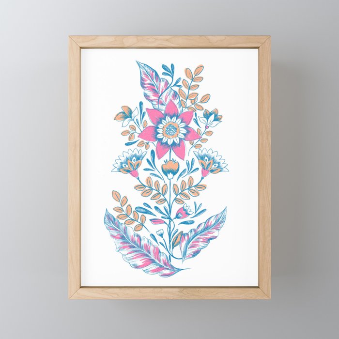 Folk Floral - Cyan, pink and yellow Mini Art Print Gallery Image 1