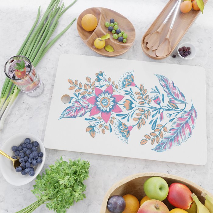 Folk Floral - Cyan, pink and yellow Cutting Board Gallery Image 2