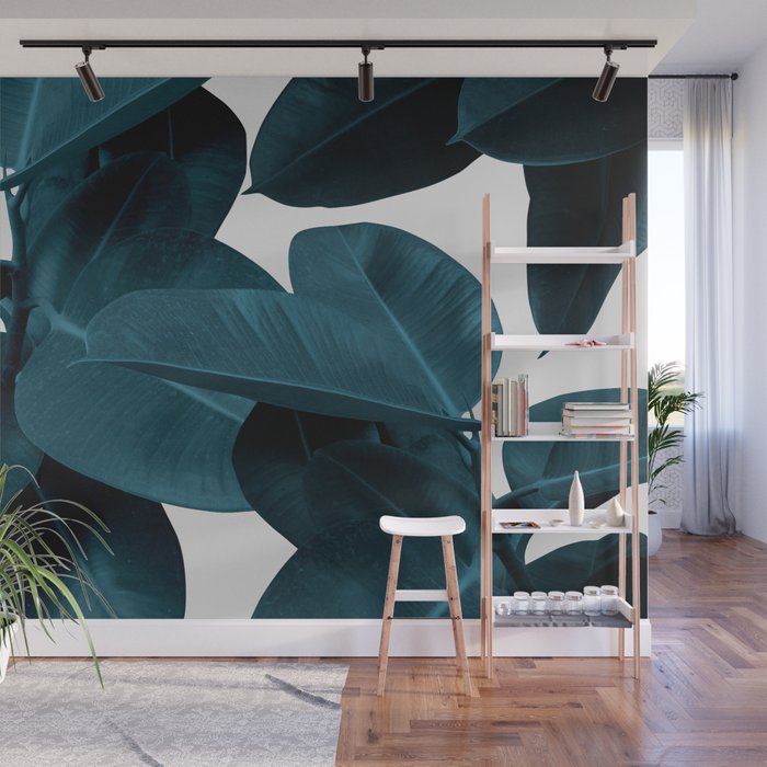 Indigo Blue Plant Leaves Wall Mural