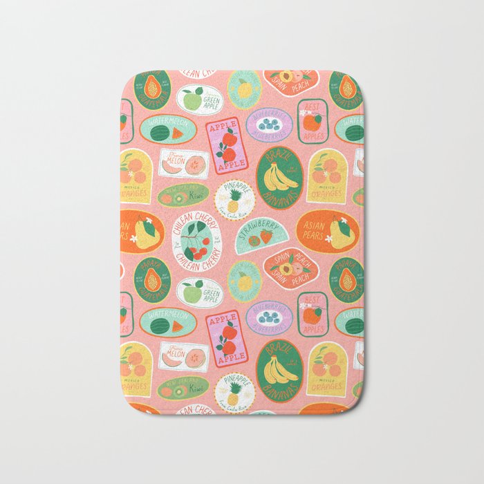 Vintage fruit sticker label cartoon pattern Bath Mat Gallery Image 1