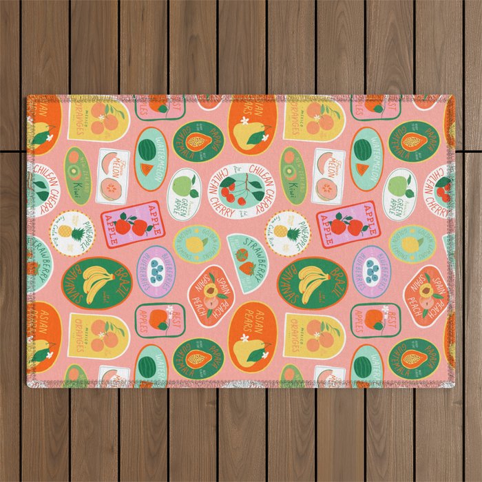 Vintage fruit sticker label cartoon pattern Outdoor Rug Gallery Image 1