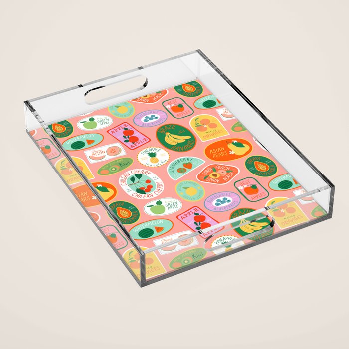 Vintage fruit sticker label cartoon pattern Acrylic Tray Gallery Image 1