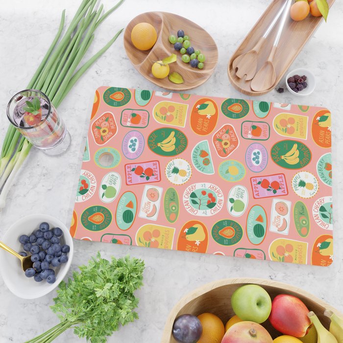 Vintage fruit sticker label cartoon pattern Cutting Board Gallery Image 2