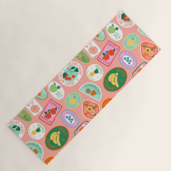 Vintage fruit sticker label cartoon pattern Yoga Mat Gallery Image 1