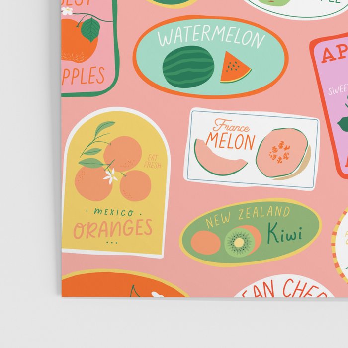 Vintage fruit sticker label cartoon pattern Poster Gallery Image 3
