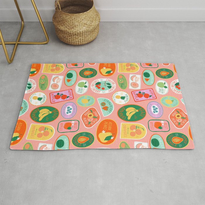 Vintage fruit sticker label cartoon pattern Rug Gallery Image 1