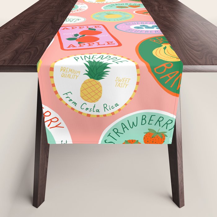 Vintage fruit sticker label cartoon pattern Table Runner Gallery Image 1