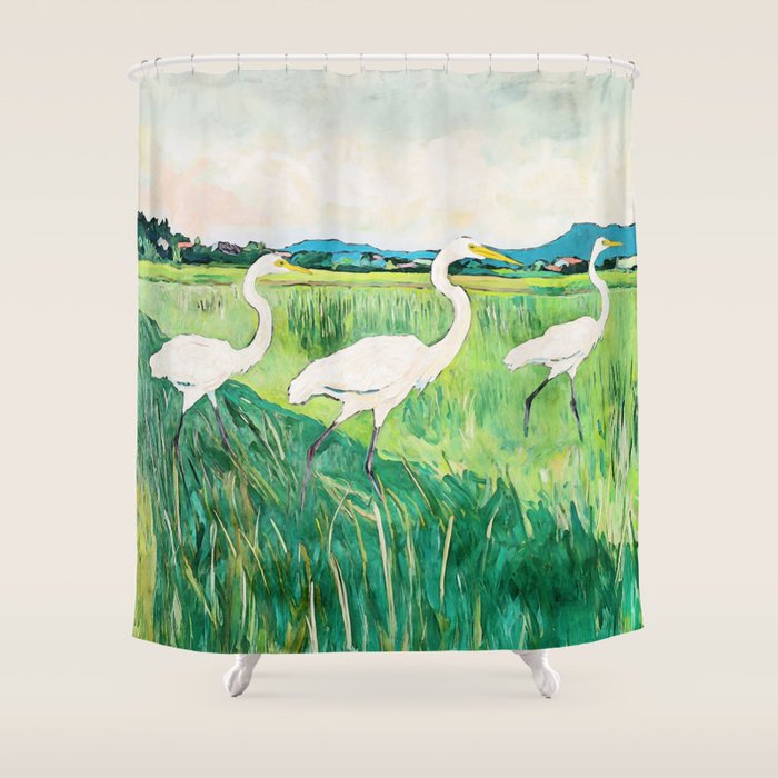 White Egrets in a Rice Field Watercolor Illustration Shower Curtain Gallery Image 1