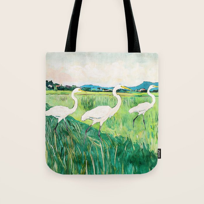 White Egrets in a Rice Field Watercolor Illustration Tote Bag Gallery Image 1