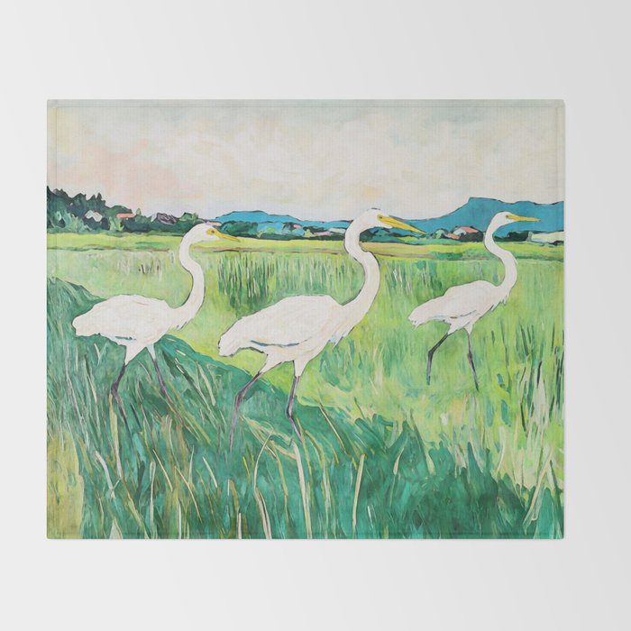 White Egrets in a Rice Field Watercolor Illustration Throw Blanket Gallery Image 2