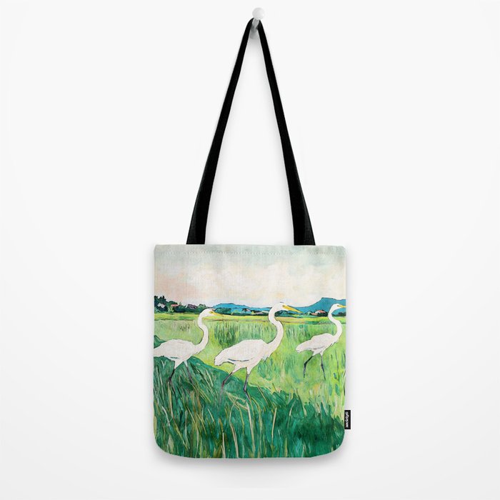 White Egrets in a Rice Field Watercolor Illustration Tote Bag Gallery Image 2