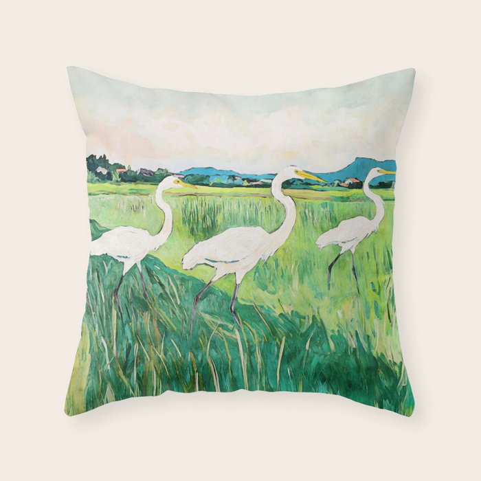 White Egrets in a Rice Field Watercolor Illustration Throw Pillow Gallery Image 6