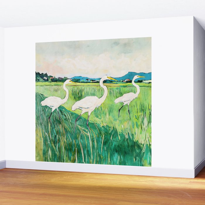 White Egrets in a Rice Field Watercolor Illustration Wall Mural Gallery Image 2